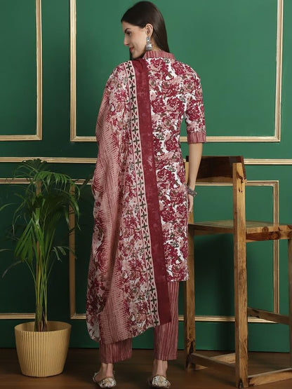 Pinkmint Straight Cotton Printed Kurta And Pant Set With Fancy Dupatta 3 Piece Suit Set Festival