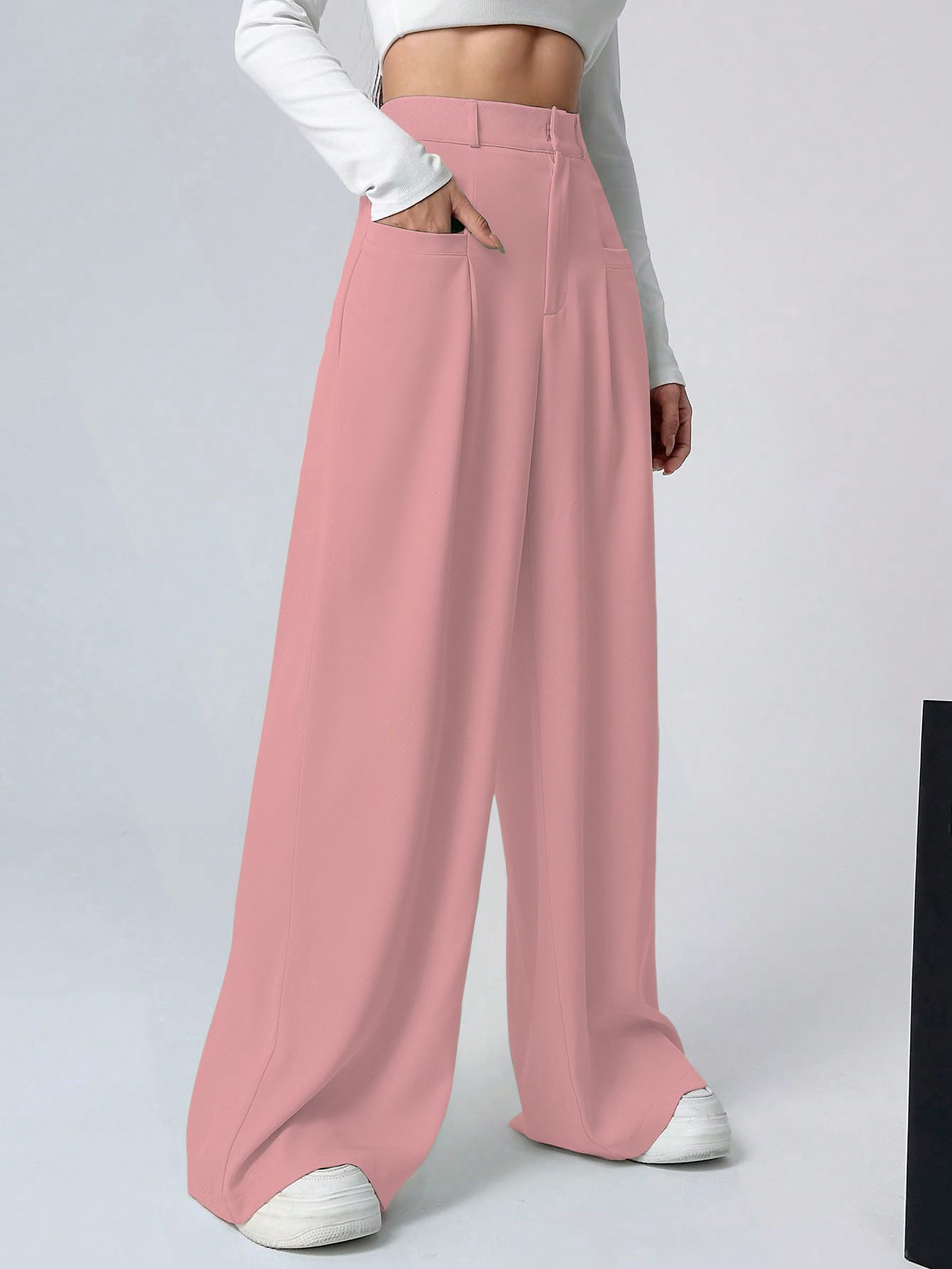 Shasmi Women & Girls Solid Peach Color Loose Fit, Pleated Trousers, Wide Leg Pocket Casual Long Korean Trousers Pant (Pant 146 P