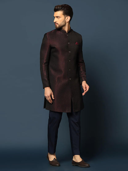 Kisah MenS Maroon And Navy Blue Indo-Western Sherwani Trousers Set, Cotton Full Sleaves, Knee Length, Straight, Regular Fit, Ma