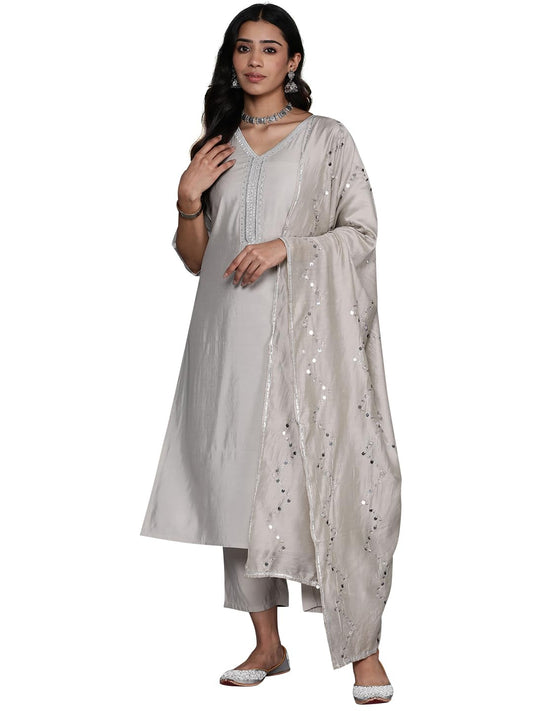 Libas Grey Yoke Design Silk Blend Straight Kurta With Trousers & Dupatta