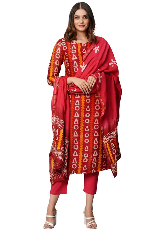 ANNI DESIGNER Womens Chanderi Cotton Straight Printed Kurta with Pant & Dupatta (JURAHO-Maroon-SM_XL_Maroon_X-Large)