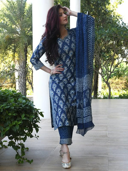 Pinkmint Indigo Printed Kurta Set for Women ll Kurta Pant & Dupatta Suit Set