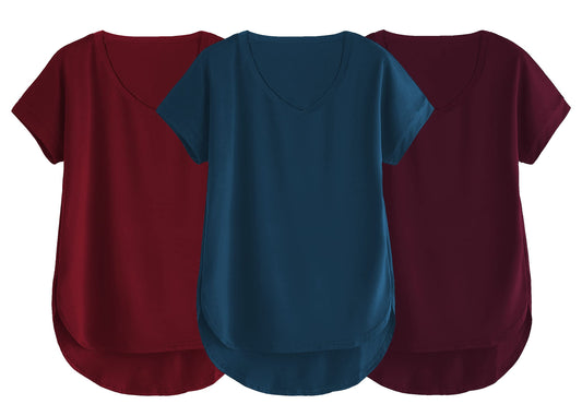 Fabricorn Combo Of Three Plain Maroon, Airforce Blue And Wine V-Neck Up And Down Cotton Tshirt For Women (Maroon, Airforce Blue,