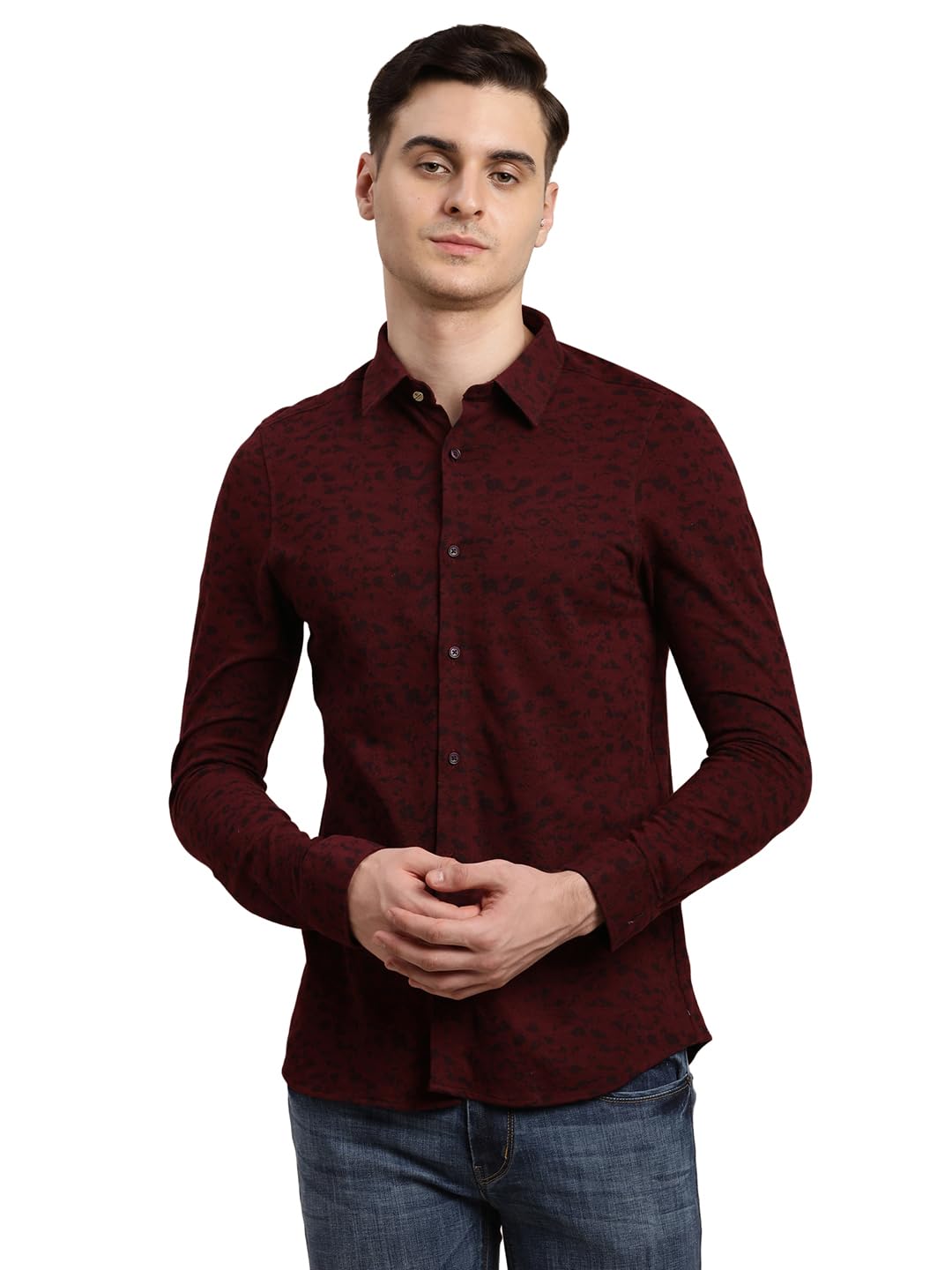 Turtle Men Knitted Ultra Slim Fit Maroon Printed Full Sleeve Party Shirt