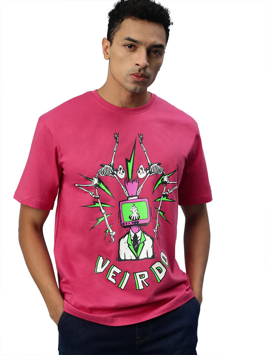 Veirdo Mens Oversized Loose Baggy Fit Drop Shoulder Round Neck Short Sleeve Skull Graphic Printed Cotton T-Shirt
