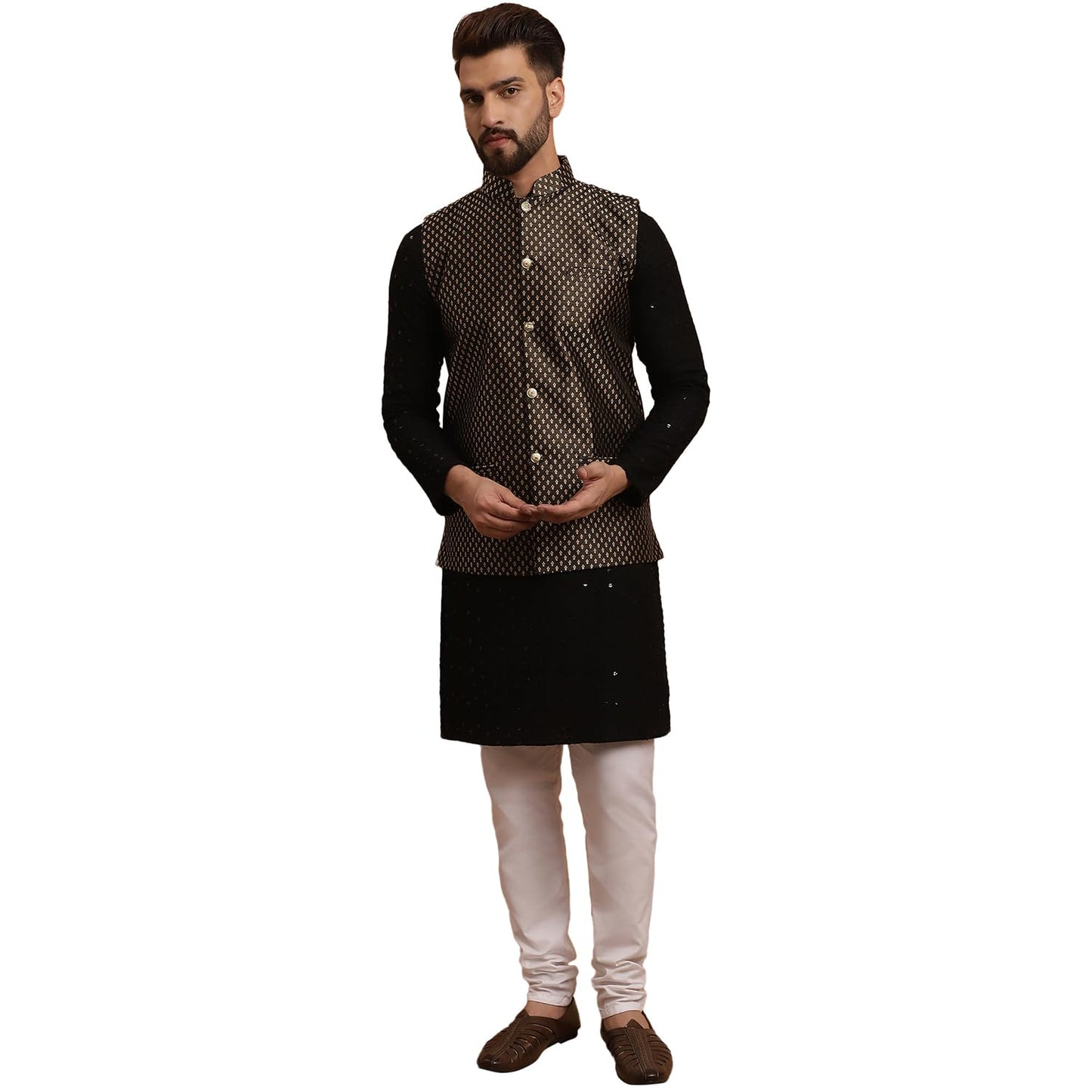 SOJANYA (Since 1958 Men's Cotton Black Kurta and White Pyjama With Black Silk Nehru Jacket