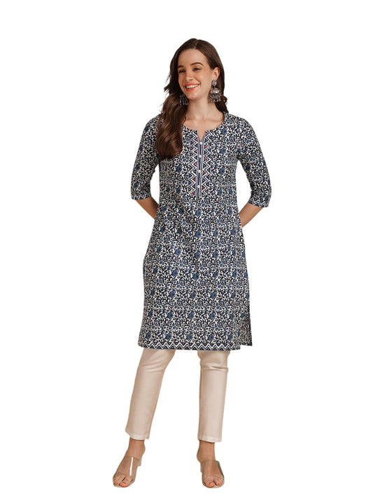 rangita Blue Cotton Knee Length Embellished Straight Kurti | Kurta for Women