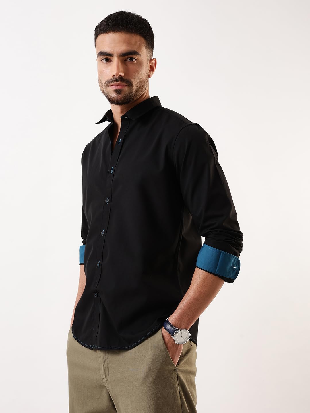 Dennis Lingo Men Black Solid Spread Collar Full Sleeves Regular Fit Cotton Casual Shirt