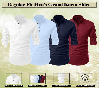 Zombom MenS Cotton Polyester Blend Solid Full Sleeve Regular Fit Kurta Shirt, Multicolor, M, Combo Set Of 4