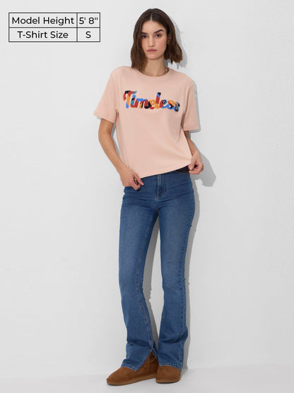 The Souled Store Originals: Timeless Women and Girls Short Sleeves Round Neck Cotton Relaxed Fit T-Shirts Pink