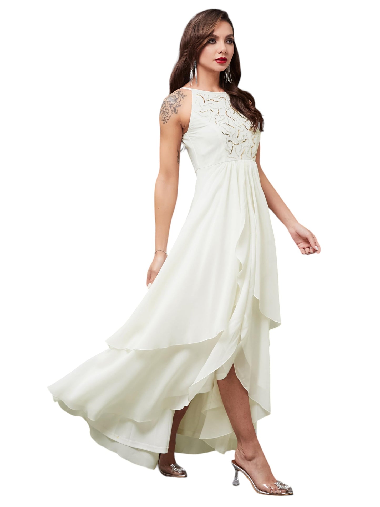 Miss Chase WomenS Round Neck Sleeveless Solid Embellished Maxi Dress With Pockets (Mcss24D97-19-114-06, Off White, Xl)