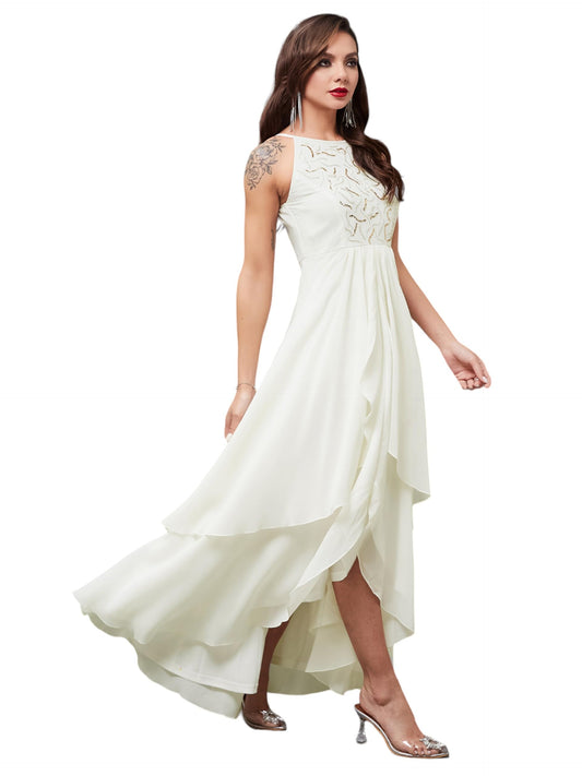 Miss Chase WomenS Round Neck Sleeveless Solid Embellished Maxi Dress With Pockets (Mcss24D97-19-114-06, Off White, Xl)