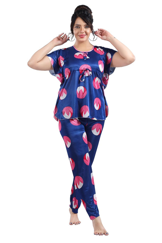 Fabme WomenS Satin Blue Printed Kaftan Top & Pyjama Set