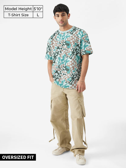 The Souled Store Blue Ripples Men and Boys Round Neck Short Sleeve All Over Print Cotton Oversized Fit T-Shirts