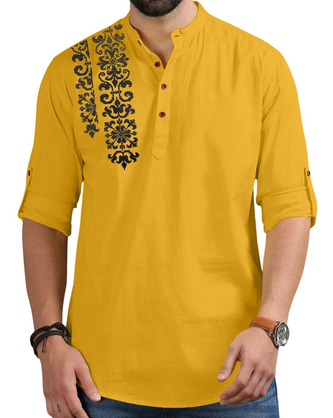 Finivo Fashion MenS Regular Fit Cotton Blend Kurta Shirt | Full Sleeve Ethnic Shirt With Mandarin Collar And Button Placket | C