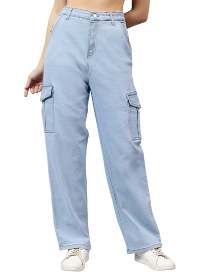 Kotty WomenS High Rise Solid Cotton Blend Stylish Cargo Jeans(Blue,30)