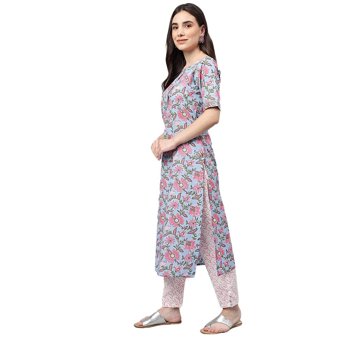 idaLia Hand Block Print Sky Blue Cotton Kurta with Cotton Pants
