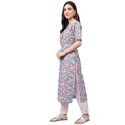 idaLia Hand Block Print Sky Blue Cotton Kurta with Cotton Pants