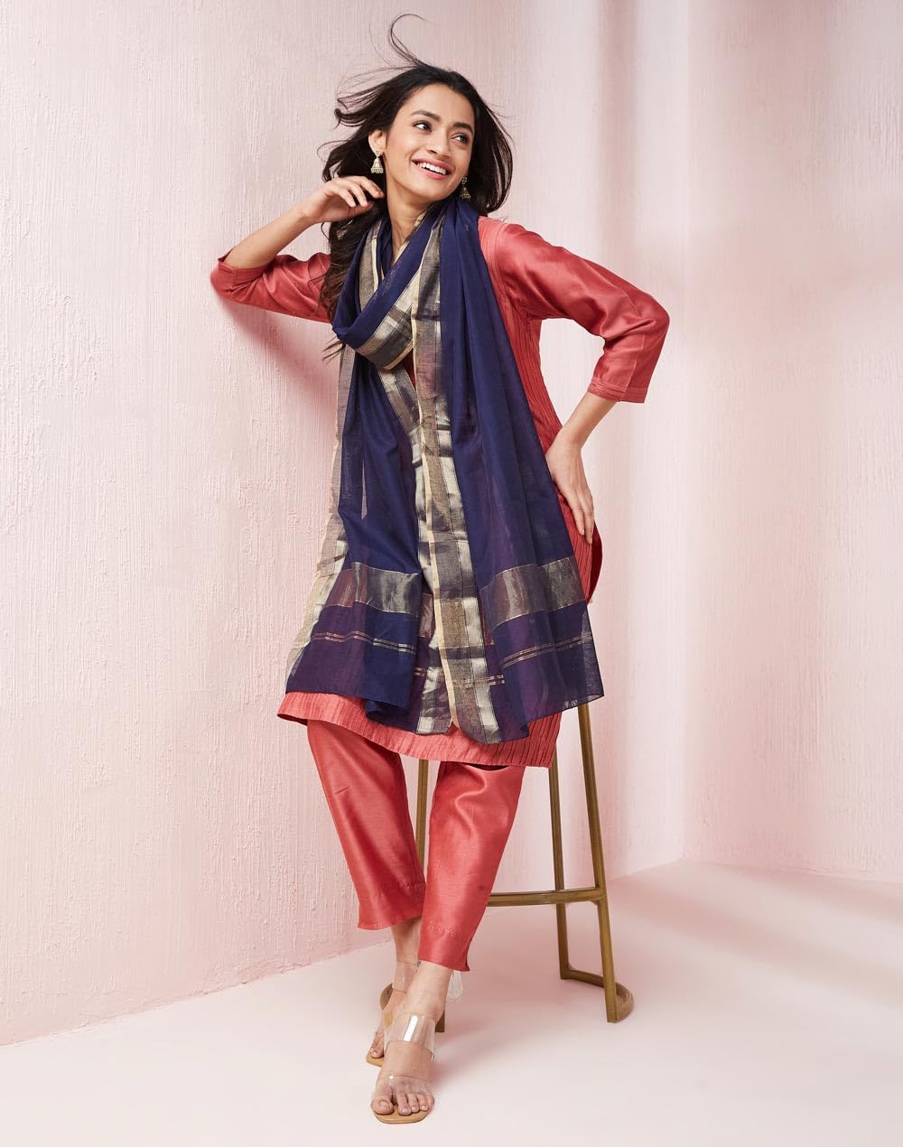 Fabindia Navy Cotton Silk Blend Maheshwari Stole (2.75m x 56cm) (Free Size)