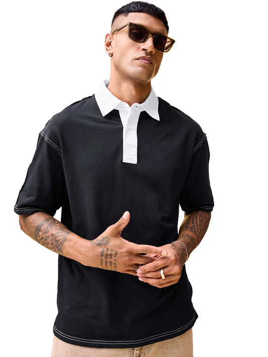 Bewakoof Mens Solid Oversized Fit Half Sleeve Collared Neck Terry Polo T-Shirt_685343_Black_3XL