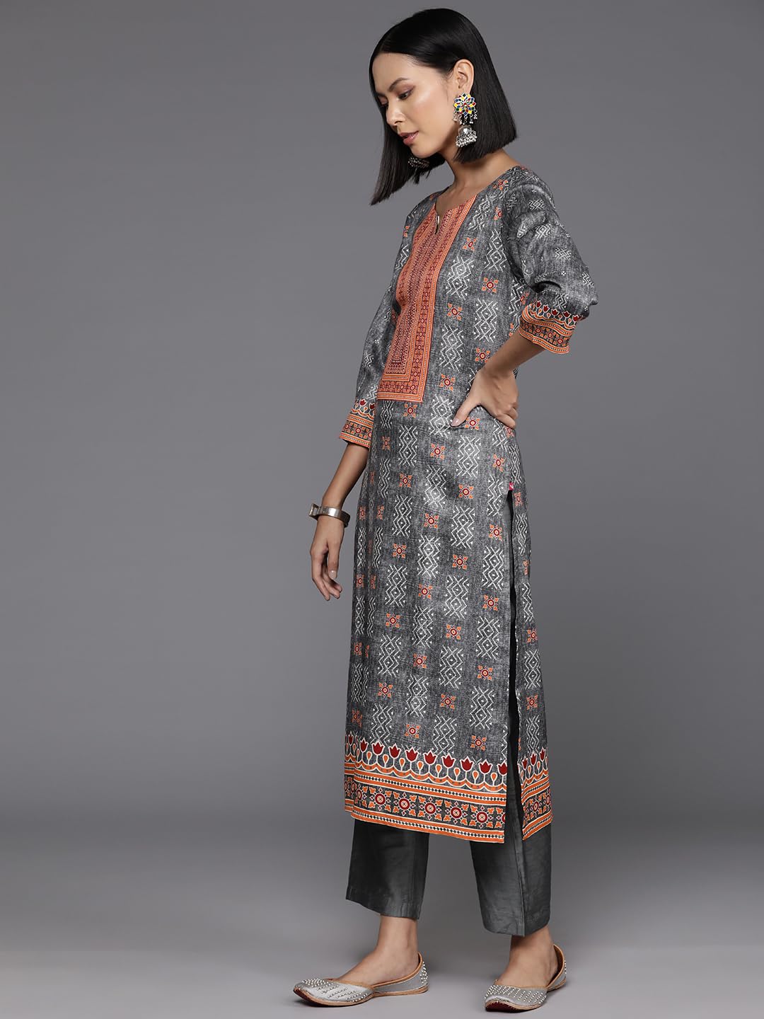 Varanga Women Grey Woolen Ethnic Motif Printed Straight Kurta Paired with Tonal Bottom and Dupatta - Cozy and Elegant Winter Wear