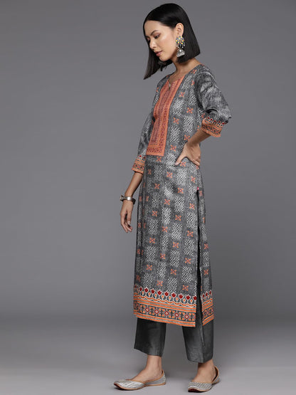 Varanga Women Grey Woolen Ethnic Motif Printed Straight Kurta Paired with Tonal Bottom and Dupatta - Cozy and Elegant Winter Wear