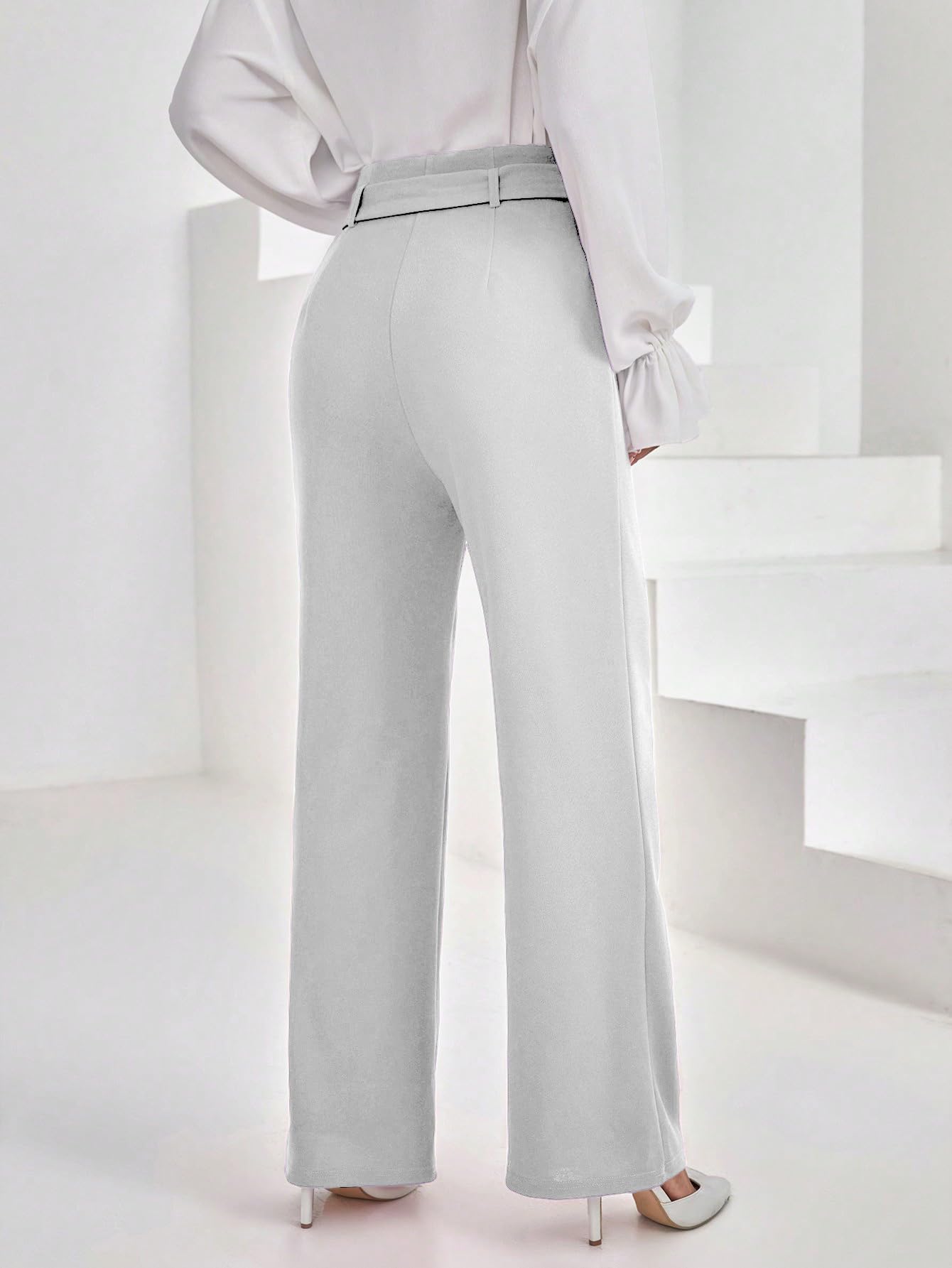 Shasmi Womens White Solid Color High Waisted Belted Toothpick Stripe Design Straight Loose Casual Women Pants, Minimalist Styli