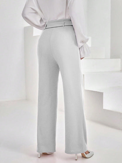 Shasmi Womens White Solid Color High Waisted Belted Toothpick Stripe Design Straight Loose Casual Women Pants, Minimalist Styli
