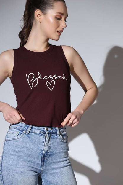 Leriya Fashion Tops For Women | Ribbed Blessed Printed Western Sleeveless Regular Fit Tank Crop Tops For Girls | Casual | Colleg