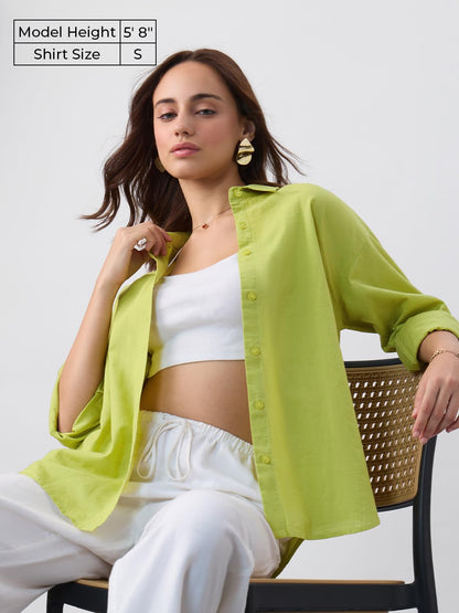 The Souled Store Solids: Moss Green Women Oversized Fit Full Sleeves Cotton Linen Boyfriend Shirts Casual Button-Down Half Sleev