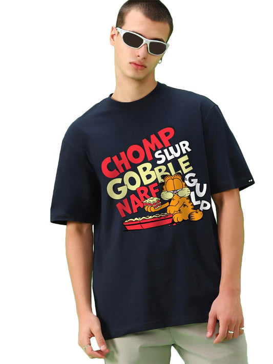 Bewakoof Official Garfield Merchandise Garfield Men Graphic Print Oversized Fit Half Sleeve Round Neck Cotton T-Shirt_659836_Blu