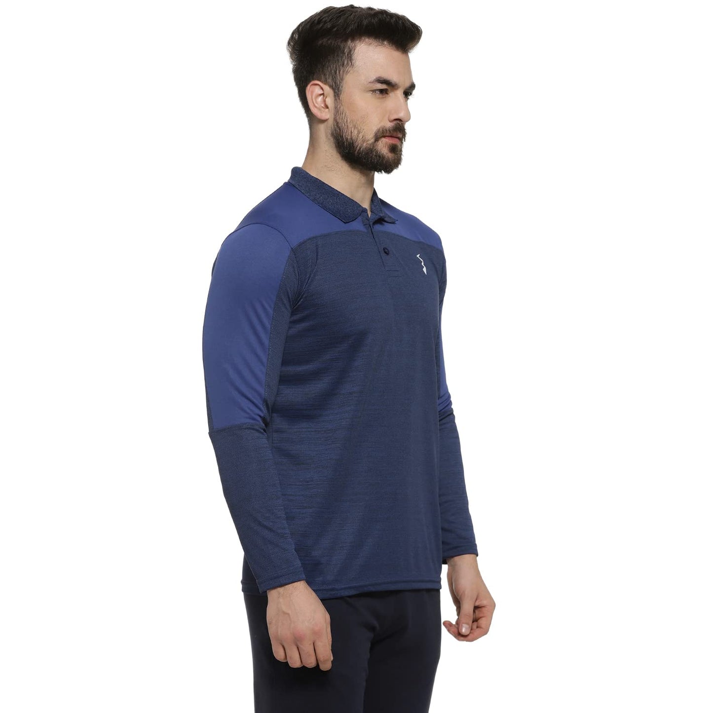 Campus Sutra Mens Denim Blue Contrast Activewear T-Shirt for Casual Wear | Spread Collar | Long Sleeve | Half-Button Closure |