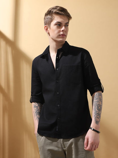 Dennis Lingo Men Regular Fit Black Full-Sleeves Cotton Casual Shirt