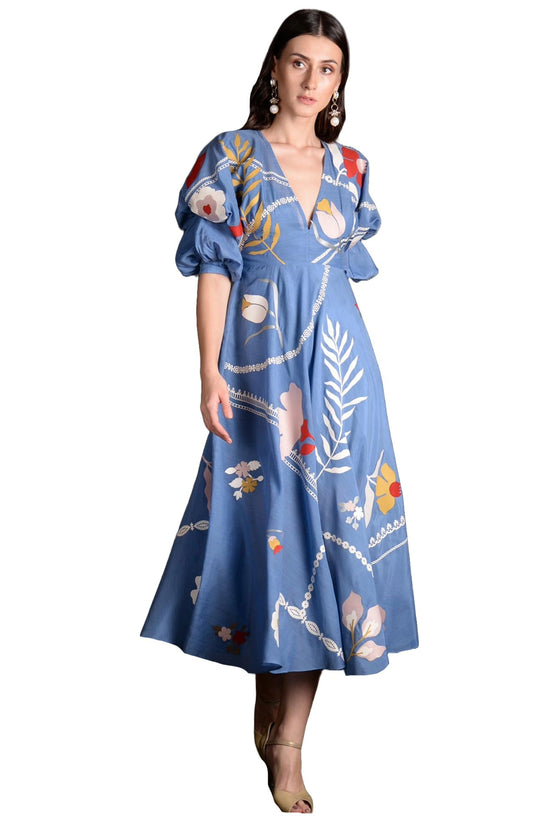 Gosriki WomenS Rayon Printed Long Gown With Puff Or Flared Sleeves Maxi Dress (Saubali Blue-Vks01-Gs_Xxl_Blue_Xx-Large)
