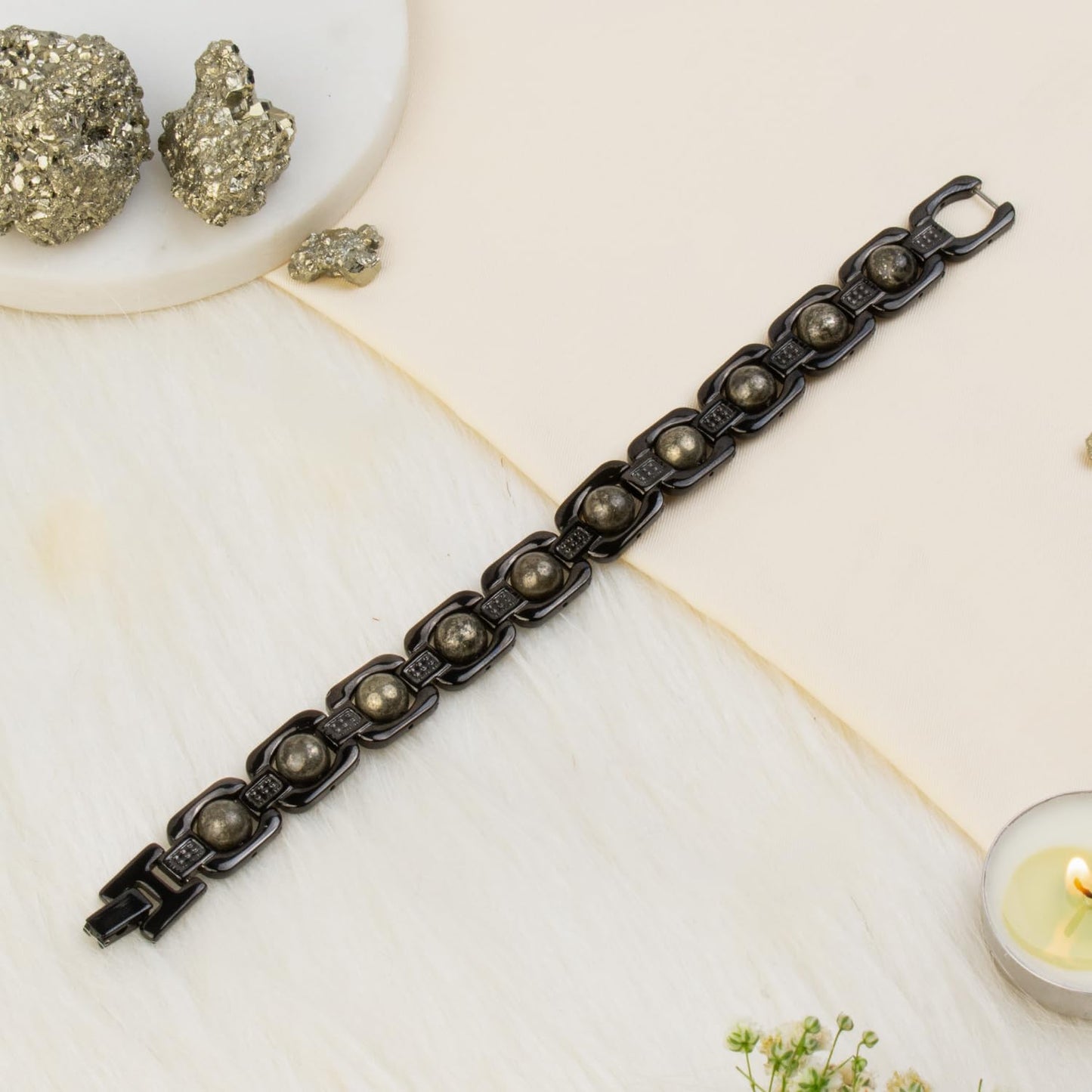 Astrotalk Metal Raw Pyrite Bracelet (Black) | Attracts Money and Boosts Confidence | Astrology Bracelet for Man and Women | Beautifully Crafted with Healing Crystals | Gift for Man & Woman
