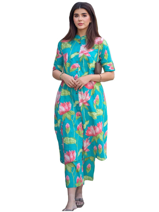GoSriKi Women s Viscose Printed A-Line Kurta with Trousers, Green, 44