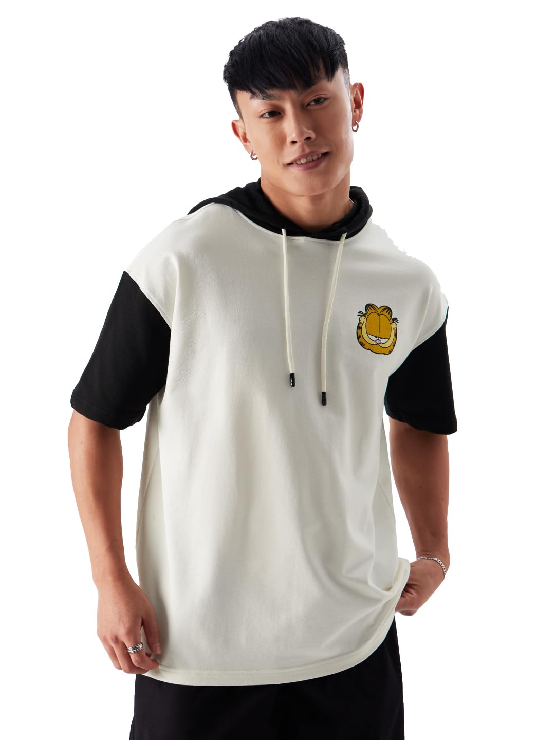 The Souled Store Garfield: Guarding Me? Men and Boys White and Black Graphic Print Short Sleeve Pull On Oversized Fit Hooded T-S