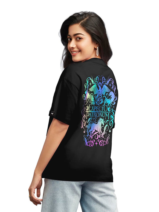 Bewakoof Womens Expecto Graphic Printed - Oversized Fit, Round Neck, Half Sleeves_589280_Black_L