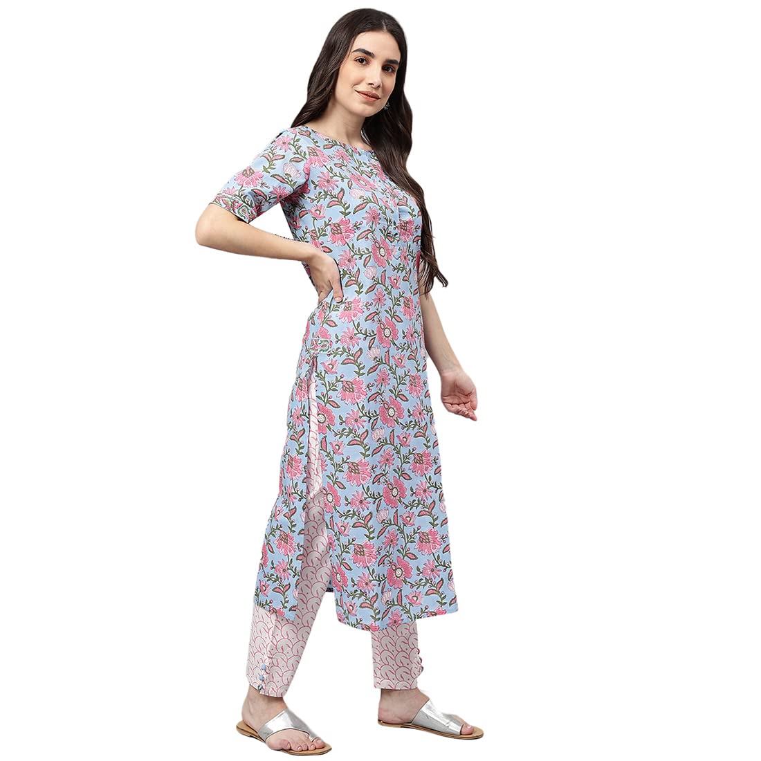 idaLia Hand Block Print Sky Blue Cotton Kurta with Cotton Pants