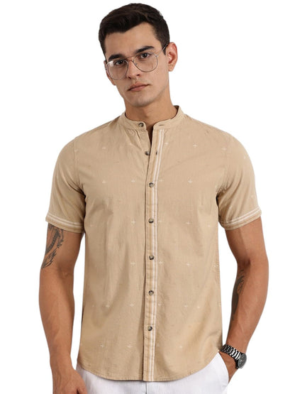 Thomas Scott Half Sleeve Self Printed Mandarin Collar Casual Shirts for Men Beige