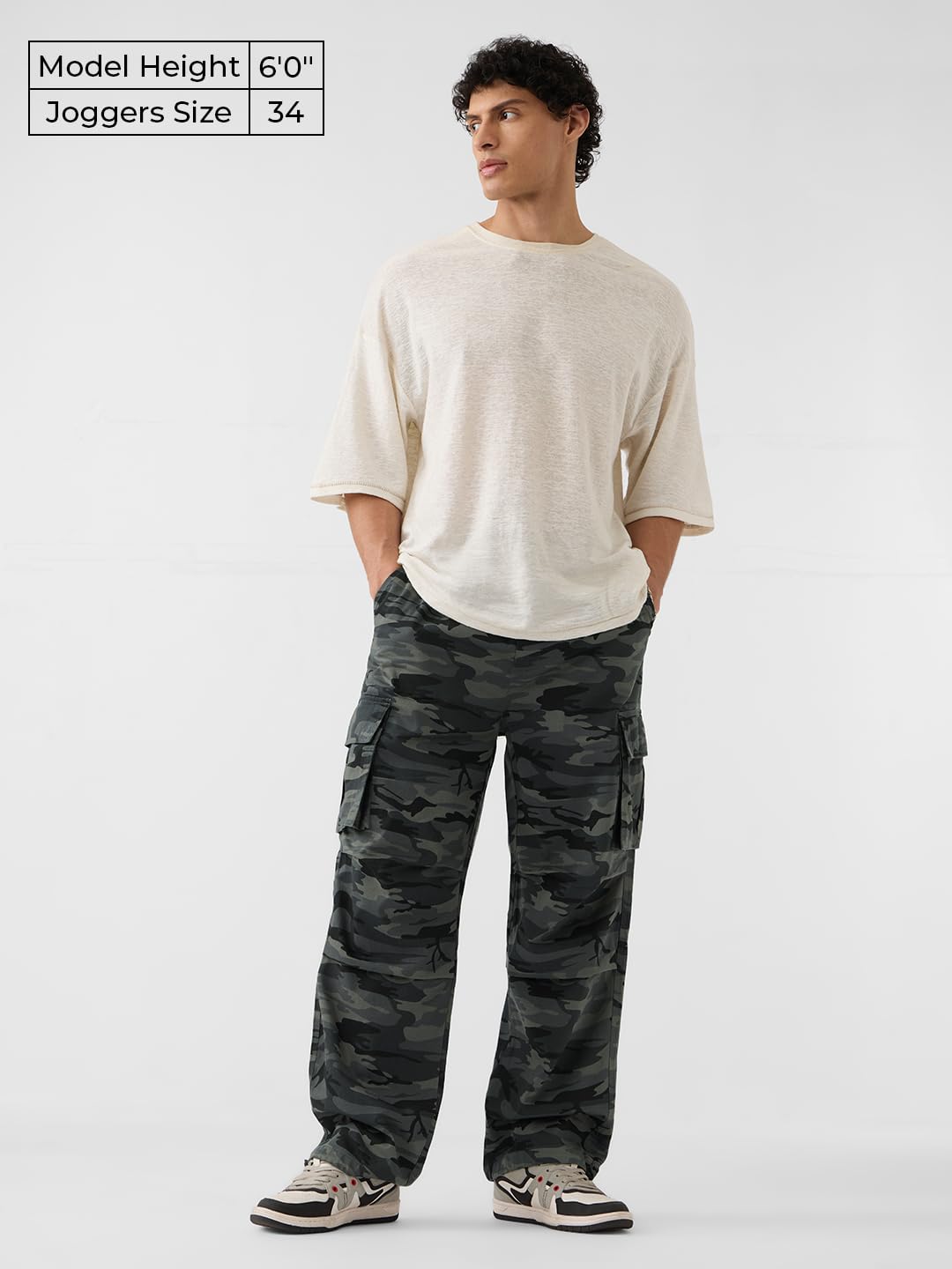 The Souled Store Baggy-Fit Joggers: Blue Camo Men and Boys Drawstringed Baggy Fit Cotton Blend Cargo Joggers