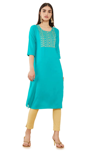 Soch Women Blue Rayon Embroidered Kurta