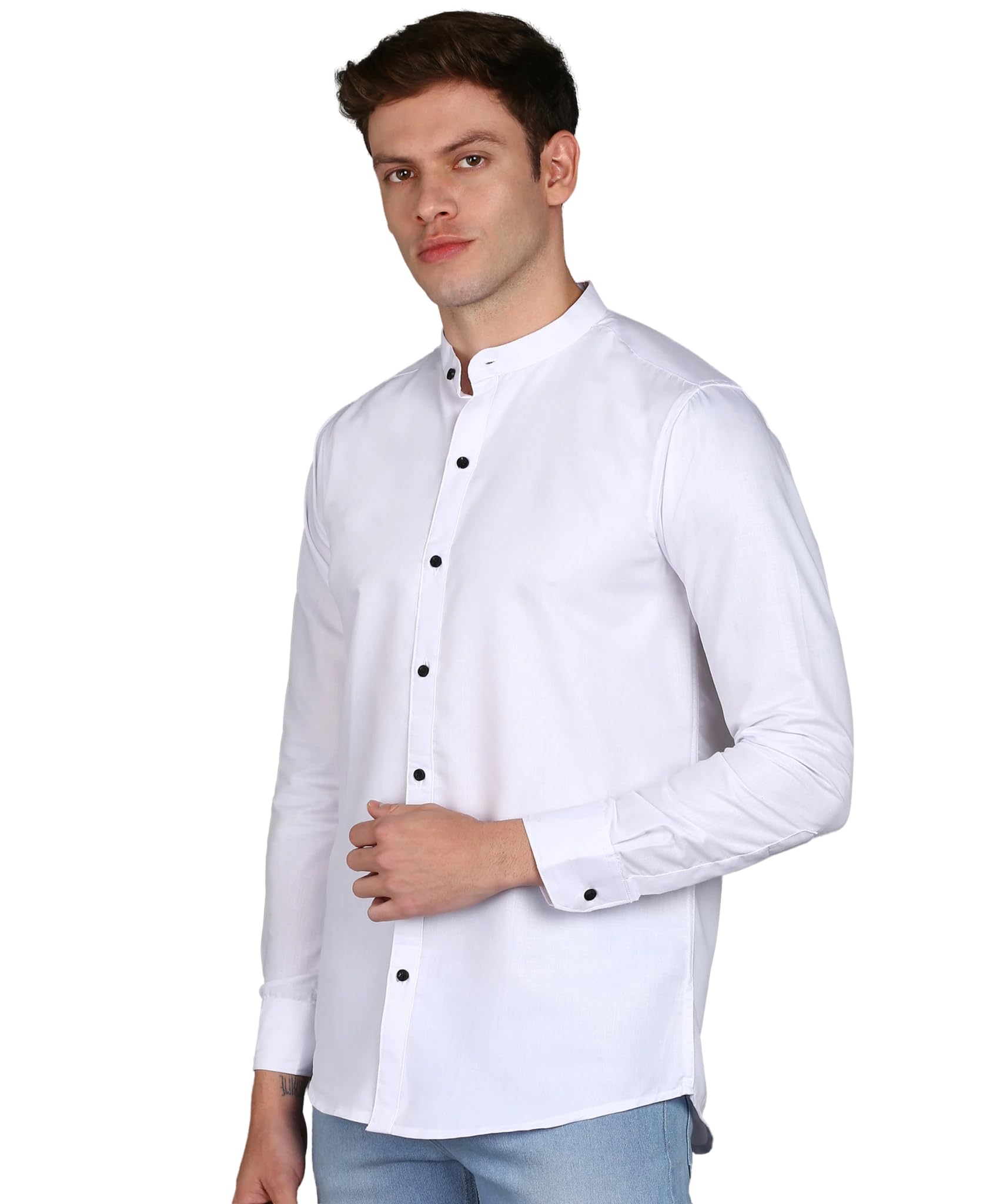 Mildin MenS Regular Cotton Blend White Slim Fit Solid Button Down Mandarin Chinese Collar Full Sleeve Curved Hemline Casual Shi