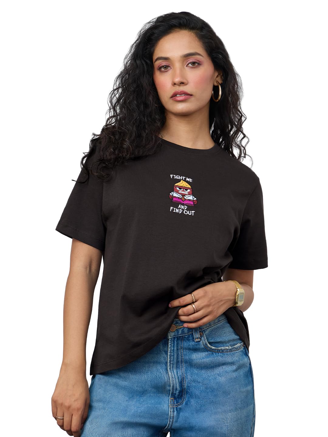 The Souled Store Inside Out: Fight Me Women and Girls Short Sleeves Round Neck Brown Embroidered Cotton Relaxed Fit T-Shirts