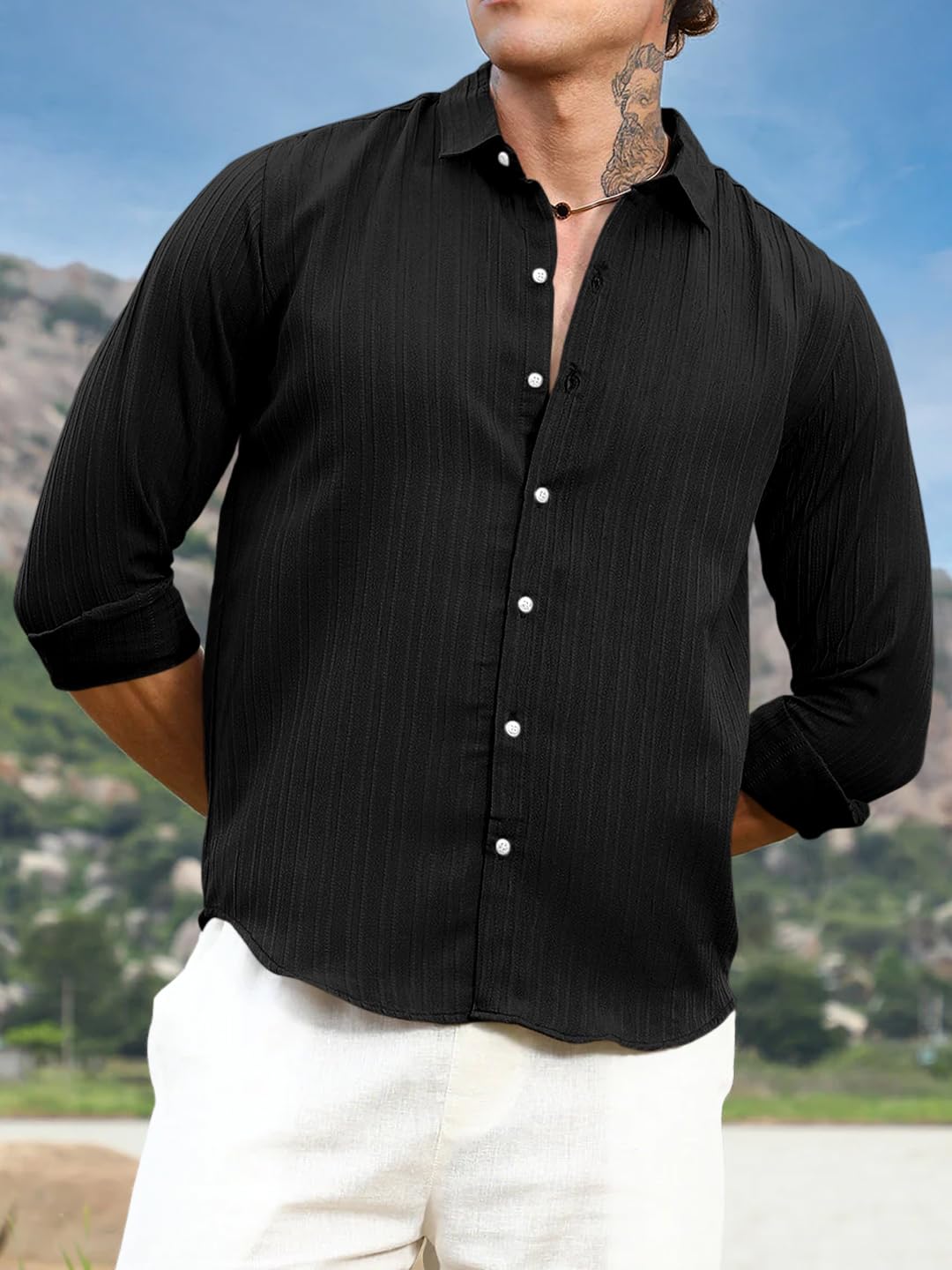 Finivo Fashion MenS Striped Cotton Casual Button Down Shirts Long Sleeve Textured Summer Beach Shirt For Men Black