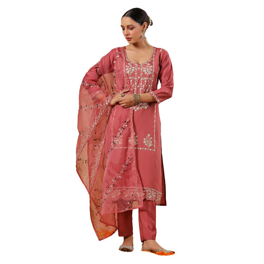 ishin Women's Poly Silk Ethnic Motifs Embroidered Peach Straight Kurta Suit Set with Trousers and Dupatta