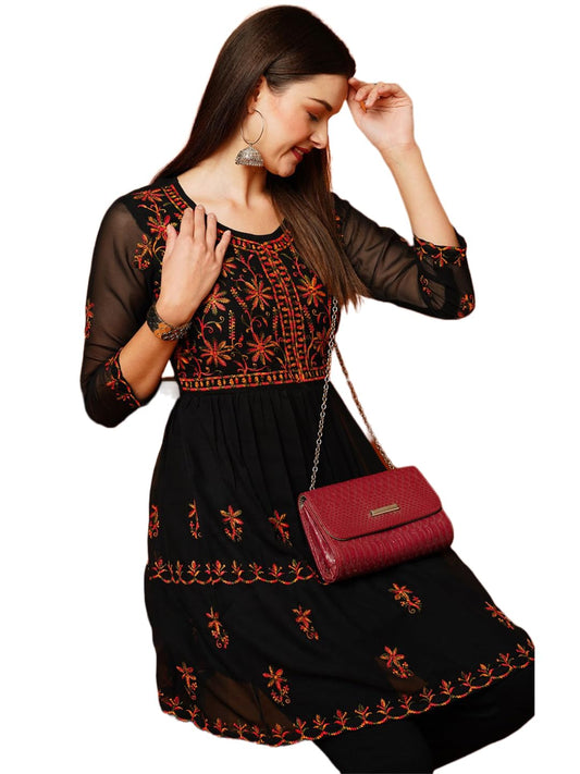 ANNI DESIGNER Women's Georgette Chikankari Embroidered Short A-Line Clothing Set