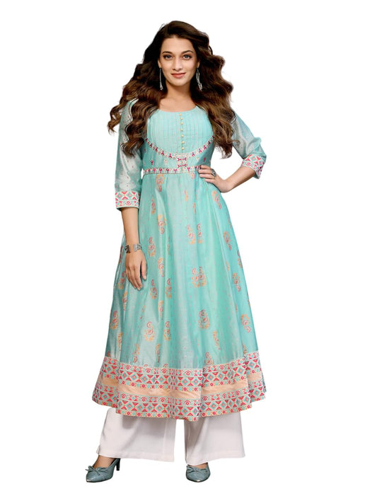 rangita Turquoise Chanderi Anarkali Embroidered Calf Length Kurti | Kurta for Women