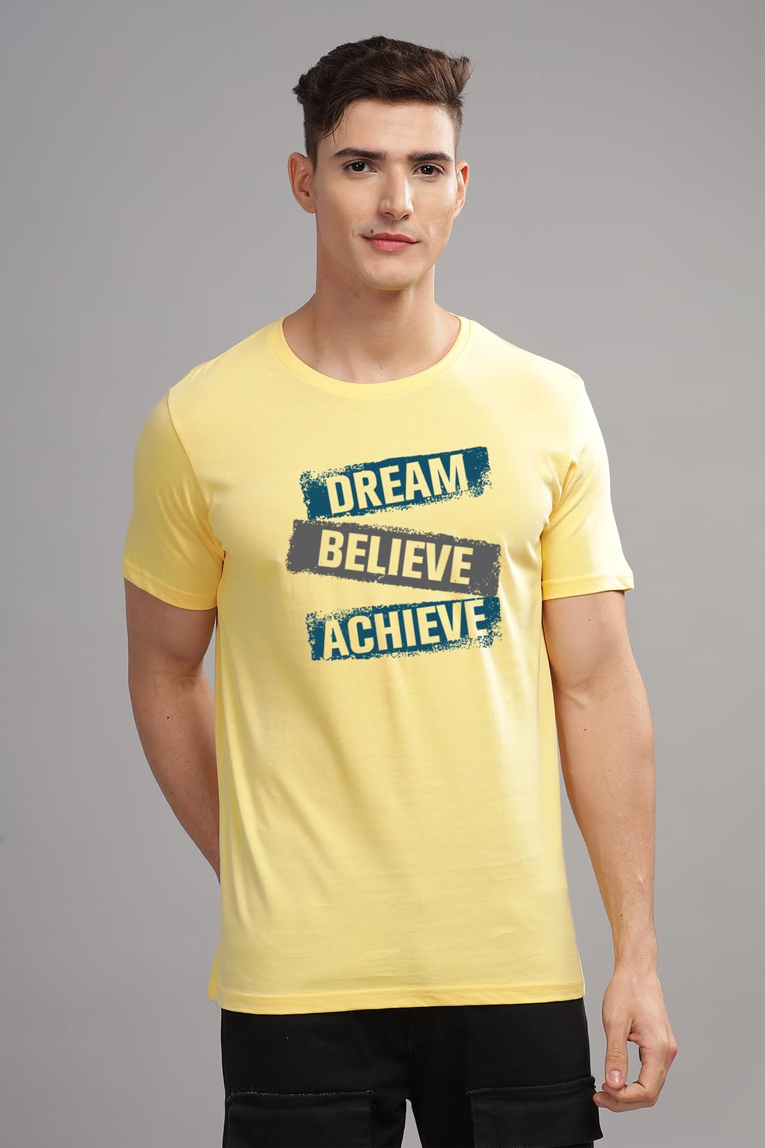 ADRO Men's Solid Regular Fit T-Shirt (RN24-DBA-LY_Light Yellow