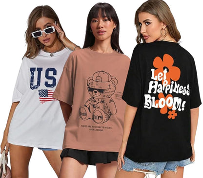 Juneberry Pure Cotton Oversized Loose Baggy Fit Drop Shoulder Half Sleeve Cool Front & Back Graphic Printed Round Neck T-Shirt F